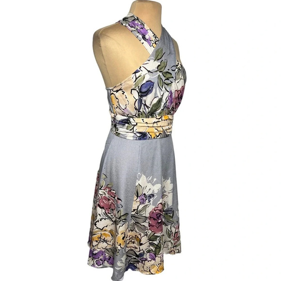 Tracy Reese blue gray floral silk crepe fit and flare dress watercolor floral - Picture 4 of 11